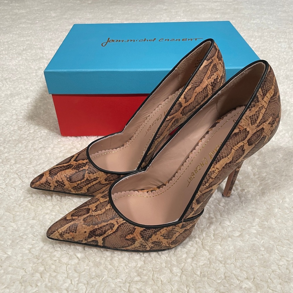 Jean-Michel Cazabat Emma Snakeskin Print Cork Pumps Brown Stiletto Heels 36 5.5
